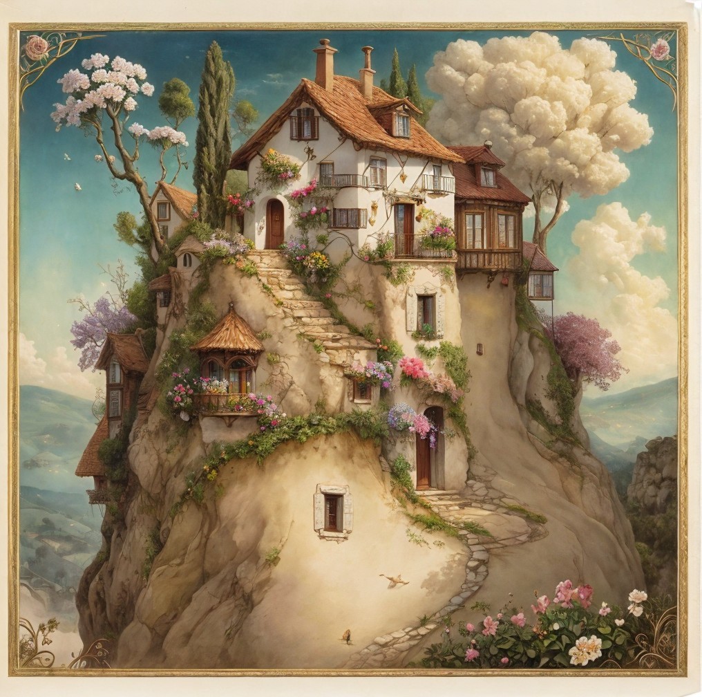 Whimsical Cliffside Cottage Surrounded by Flowers