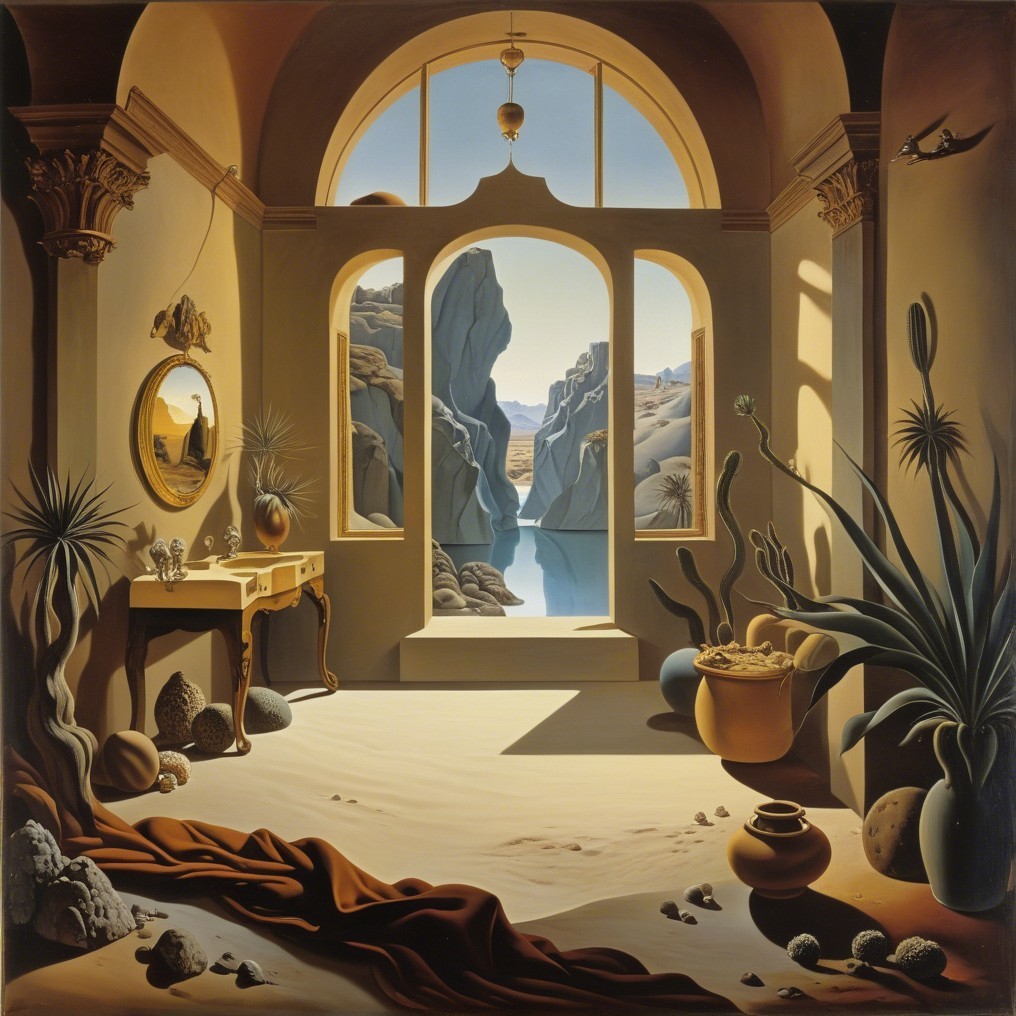 Surreal Interior with Archway and Tranquil Landscape