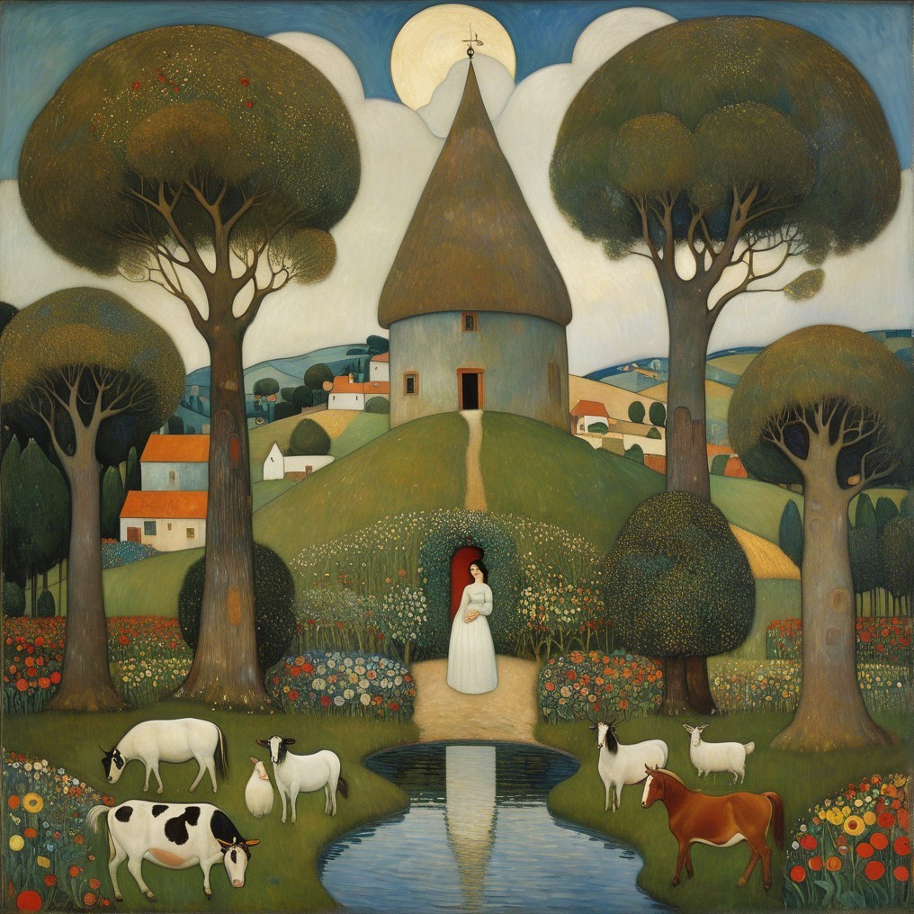 Serene Rural Scene with Conical-Roofed Building