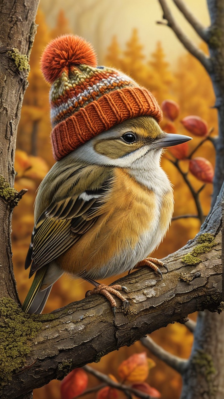 Bird in Orange Knit Hat Among Autumn Leaves