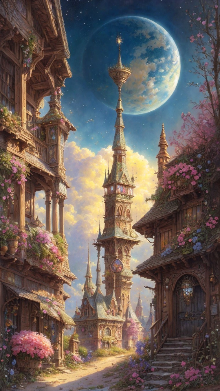 Whimsical Village with Clock Tower and Vibrant Flowers