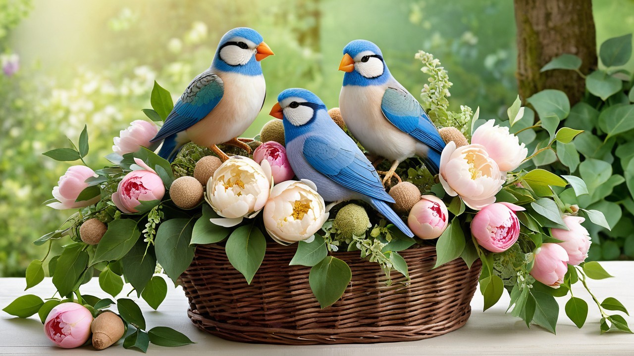 Basket Arrangement with Bluebirds and Pink Peonies