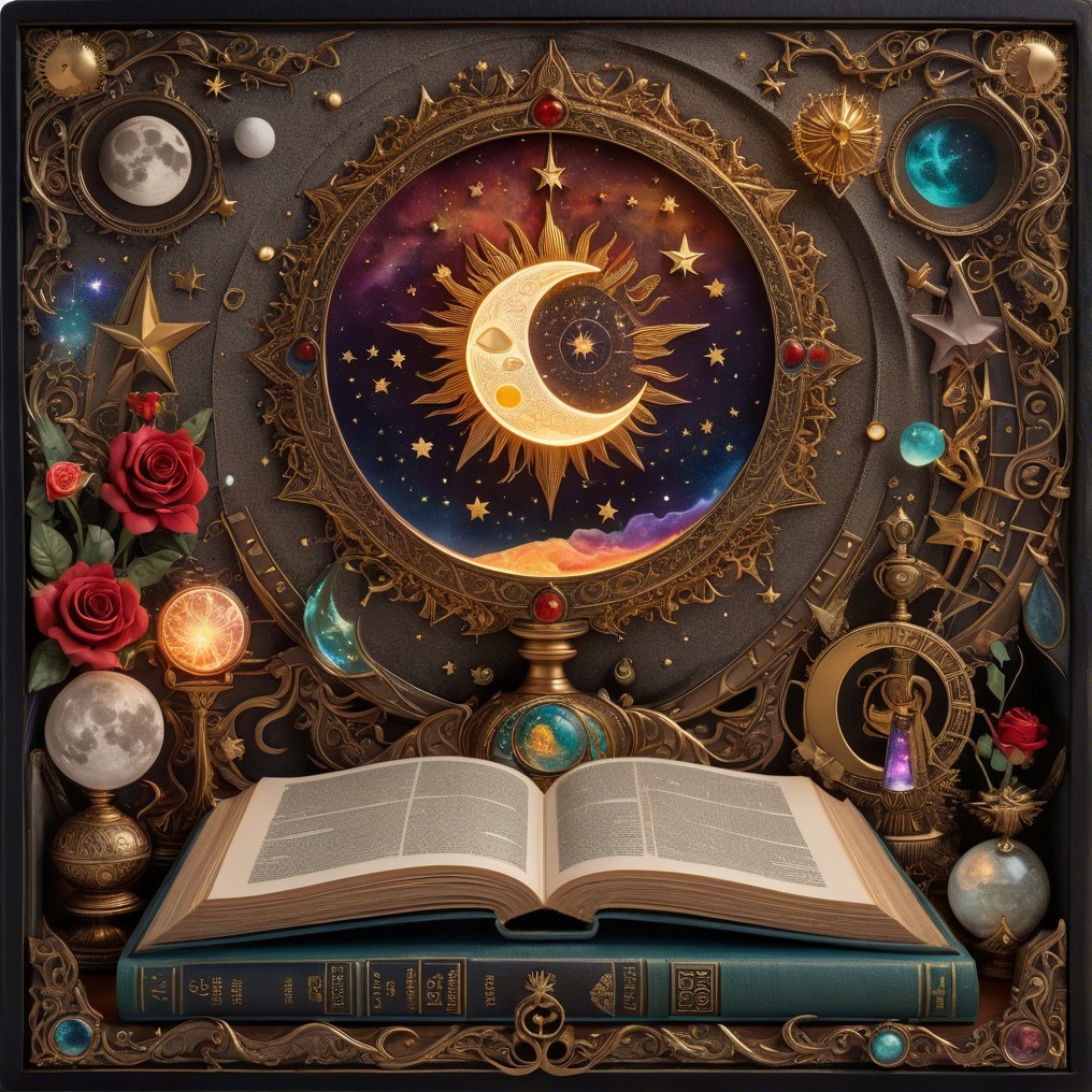 Cosmic-Themed Display with Open Book and Celestial Elements