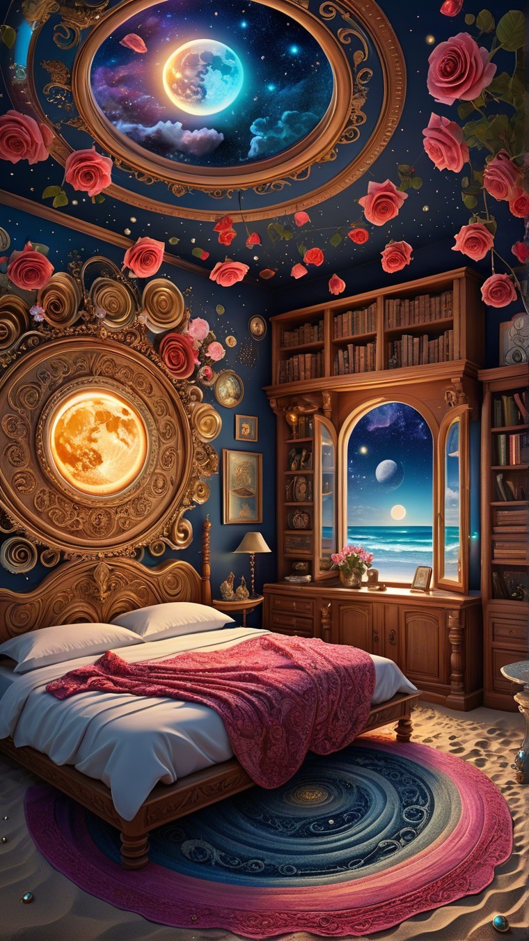 Whimsical Bedroom with Celestial Decor and Beach View