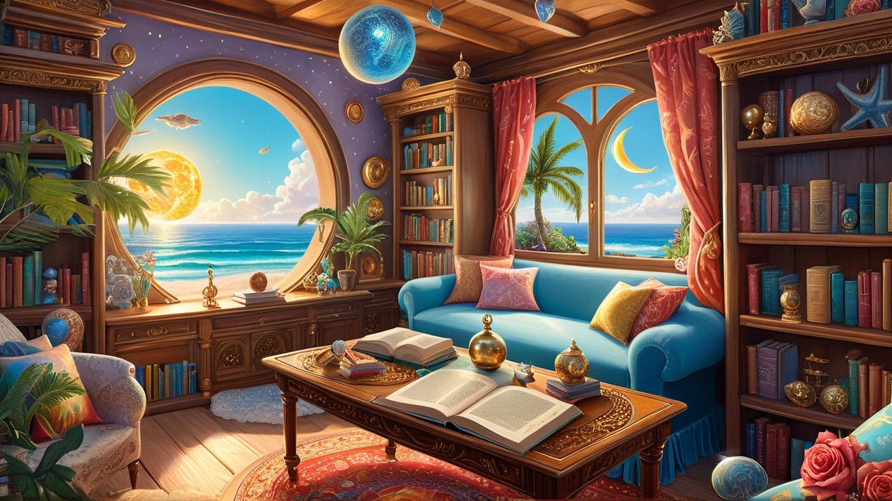 Cozy Room with Ocean View and Vibrant Decor