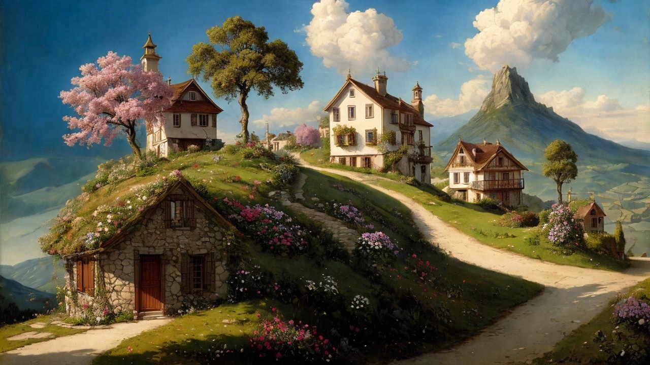 Picturesque Landscape with Houses and Cherry Blossoms