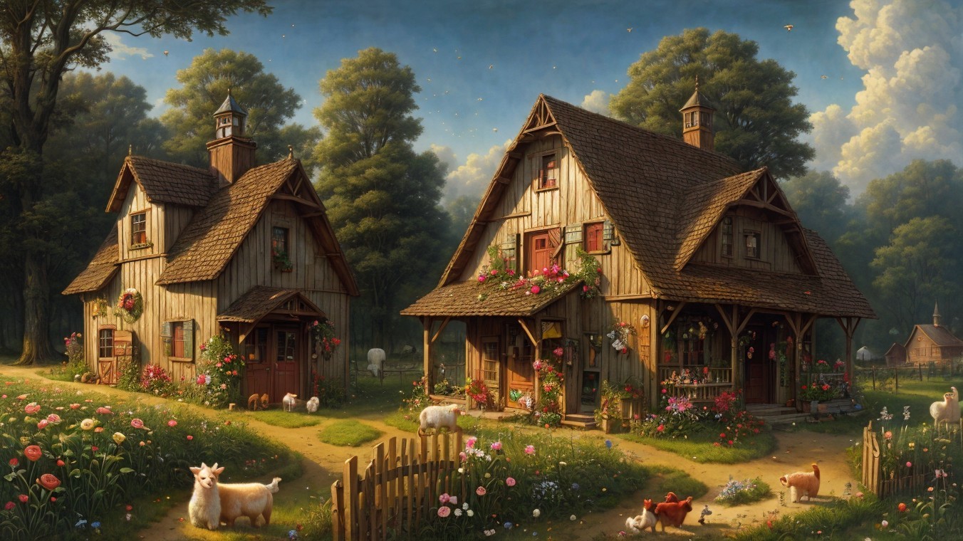 Serene Rural Landscape with Rustic Houses and Animals