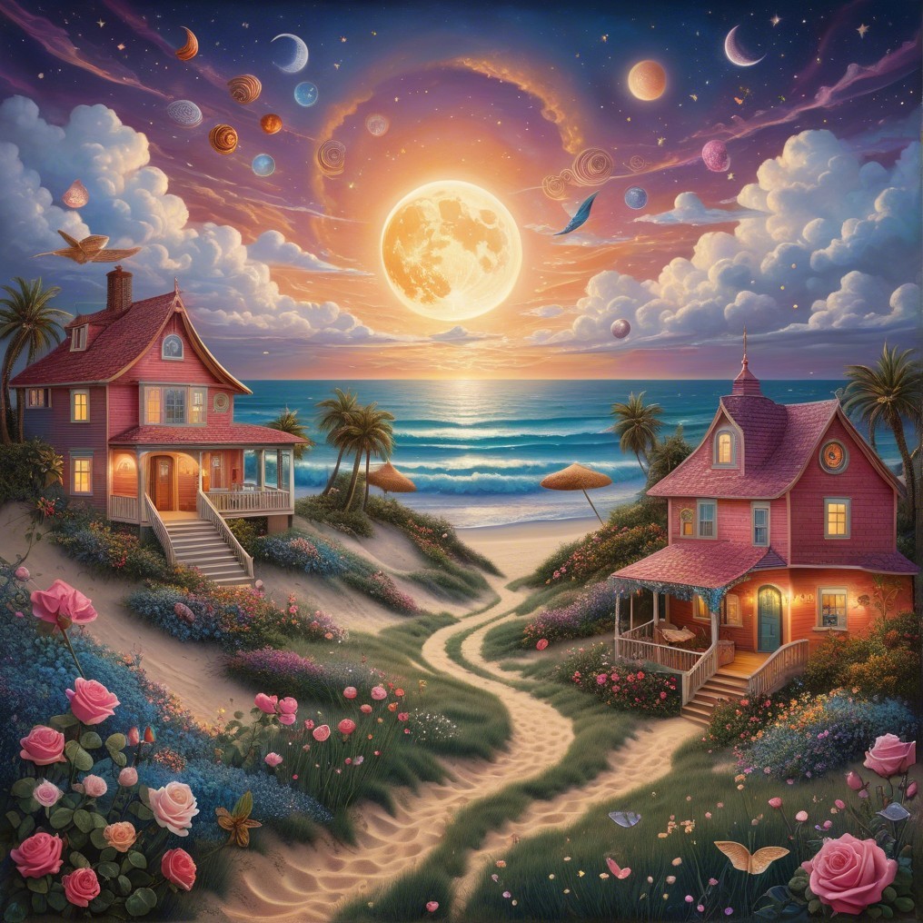 Twilight Beach Scene with Houses and Vibrant Flowers