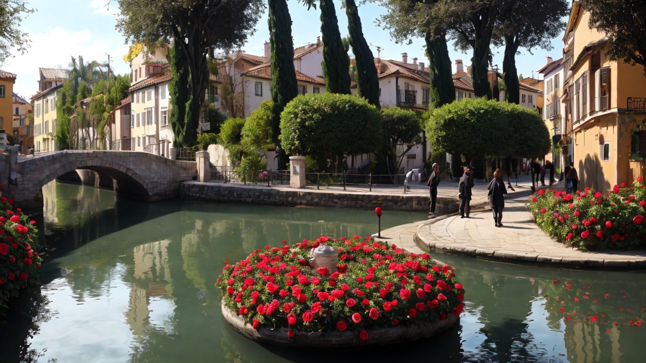 Serene canal with colorful buildings and stone bridge