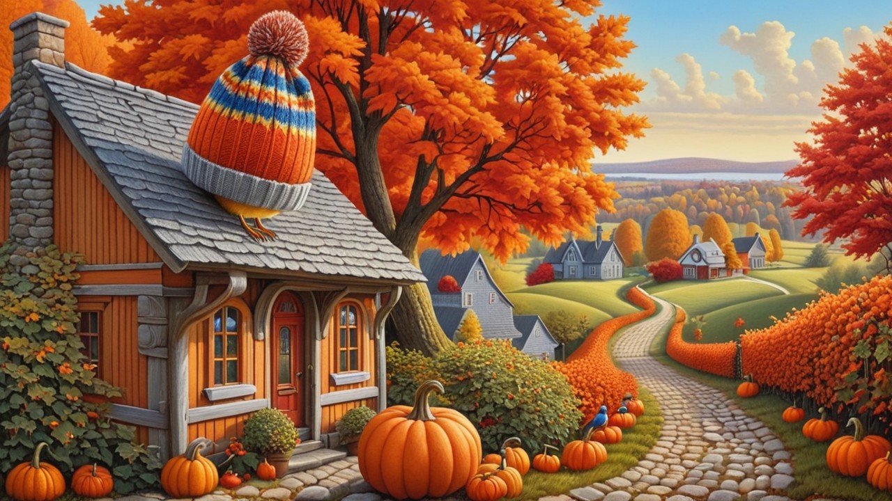Cottage with Knitted Hat Amidst Autumn Foliage and Pumpkins