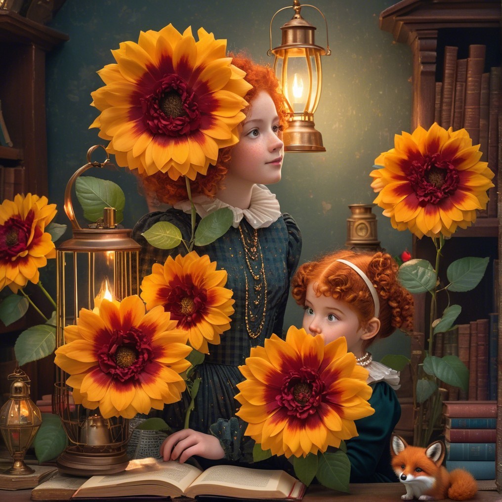 Cozy Vintage Library with Two Girls and Sunflowers