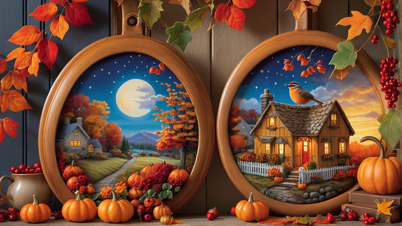 Circular Wooden Frames Showcasing Autumn Scenes