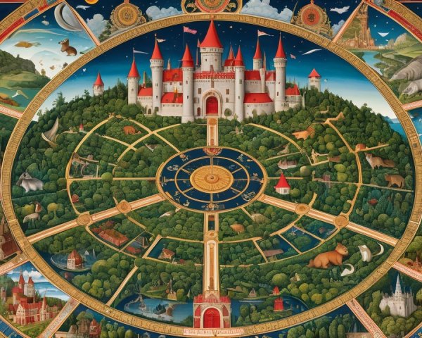 Colorful Circular Illustration of a Whimsical Landscape