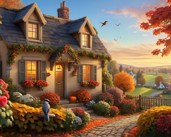 Cottage Amidst Vibrant Autumn Foliage and Pumpkins