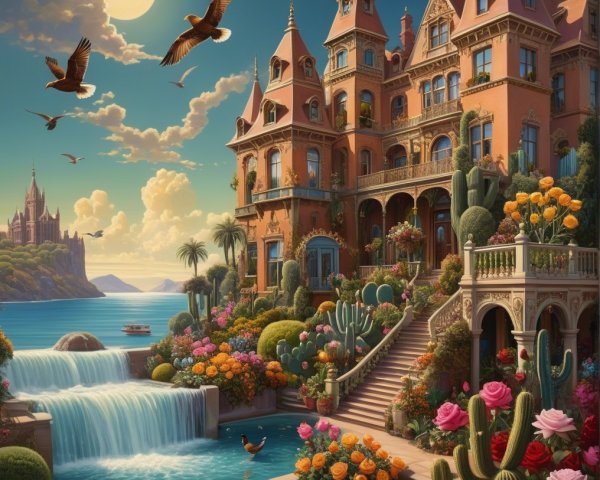 Ornate mansion with gardens and cascading waterfall