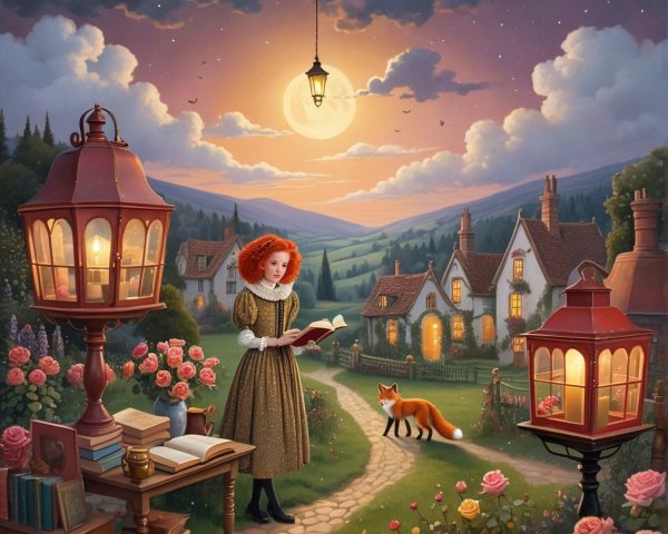 Whimsical Dusk Landscape with Girl and Lanterns