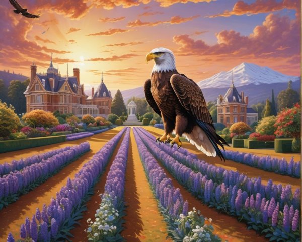 Eagle in Garden with Mansion and Sunset Background