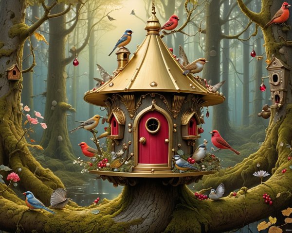Whimsical Gold and Red Birdhouse in Serene Forest