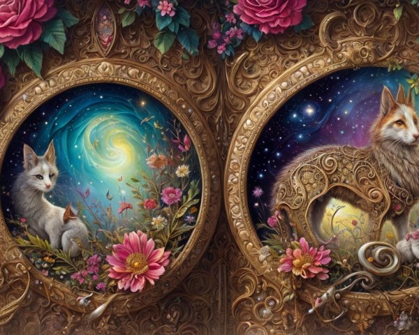 Ornate Scene with Cat and Fox in Cosmic Floral Frames
