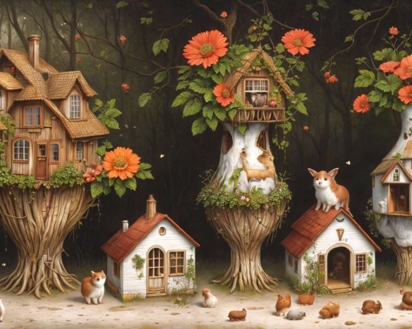 Whimsical Tree Stump Houses in a Fairy-Tale Setting