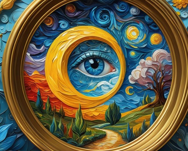 Textured Eye Artwork in Golden Frame with Landscape