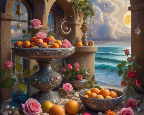 Elegant Still Life of Coastal Scene with Oranges and Roses