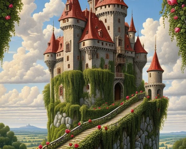 Majestic castle on a green cliff with red roses