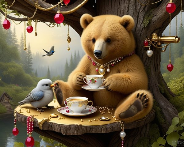 Fluffy Bear Enjoys Tea in Vibrant Forest Setting