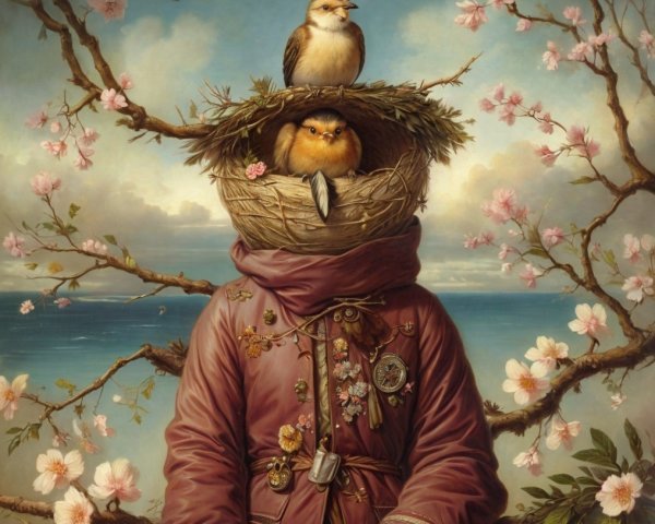Whimsical Portrait with Wooden Head and Cherry Blossoms