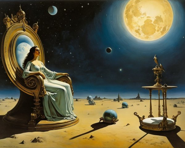 Surreal Moonlit Landscape with Elegant Woman and Objects