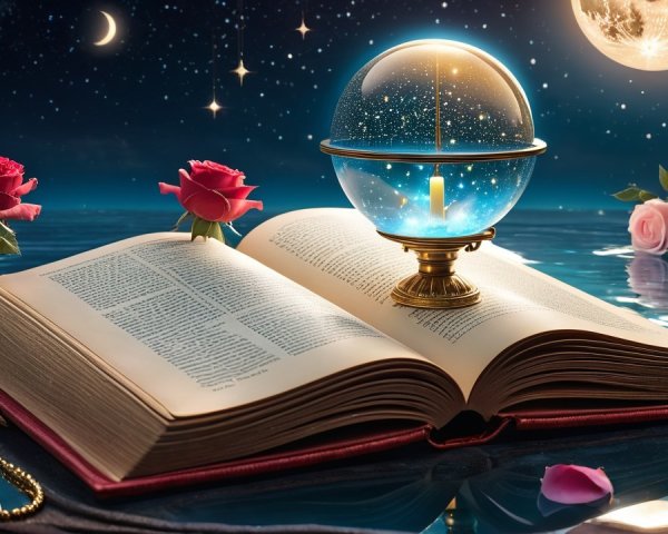 Ancient Book with Crystal Globe and Starry Background