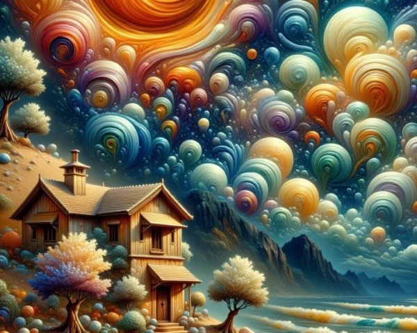 Whimsical Landscape with House, Book, and Cosmic Sky