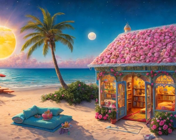 Whimsical seaside cottage with pink roses at sunset