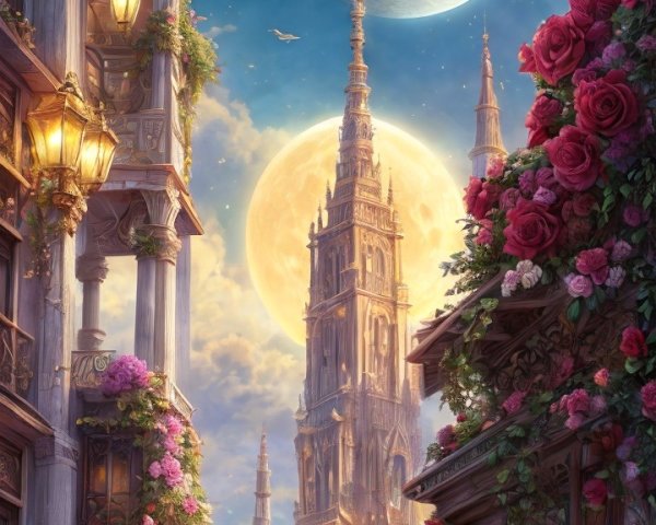 Enchanting Twilight Street Scene with Roses and Lanterns