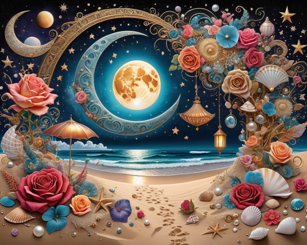 Whimsical Beach Scene with Floral Designs and Moons