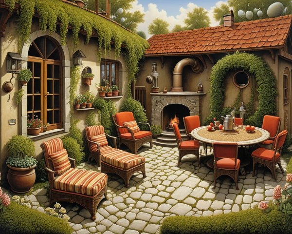 Cozy Outdoor Patio with Round Table and Greenery