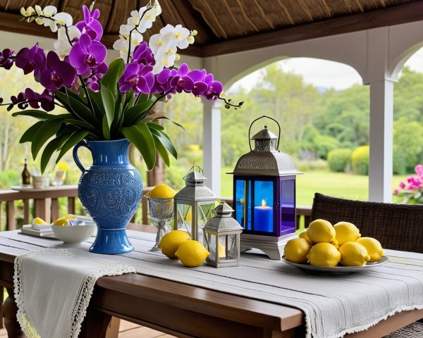 Outdoor Dining Setup with Orchids and Lemons