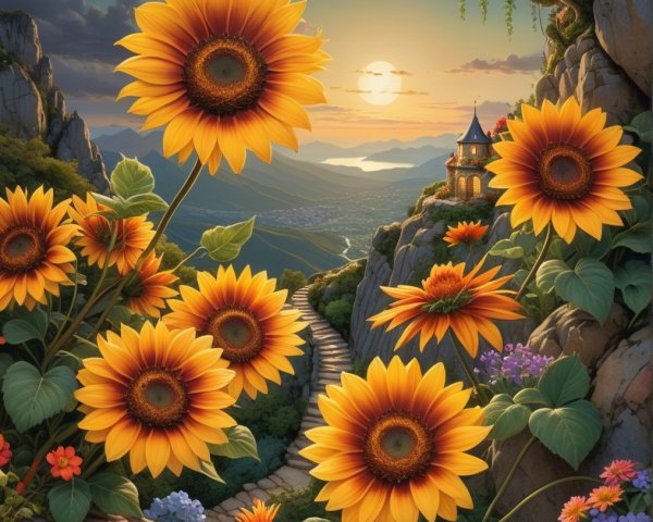 Vibrant Landscape with Sunflowers and Rolling Hills