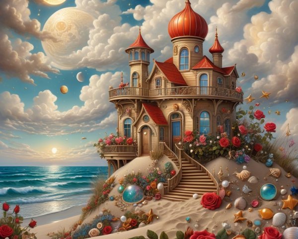 Whimsical seaside castle with vibrant red domes