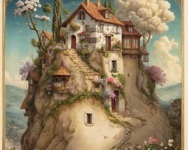 Whimsical Cliffside Cottage Surrounded by Flowers