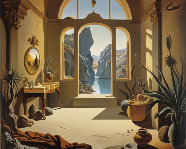 Surreal Interior with Archway and Tranquil Landscape