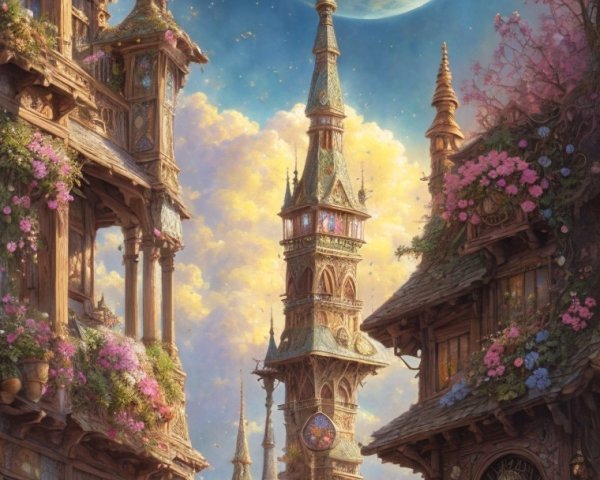 Whimsical Village with Clock Tower and Vibrant Flowers