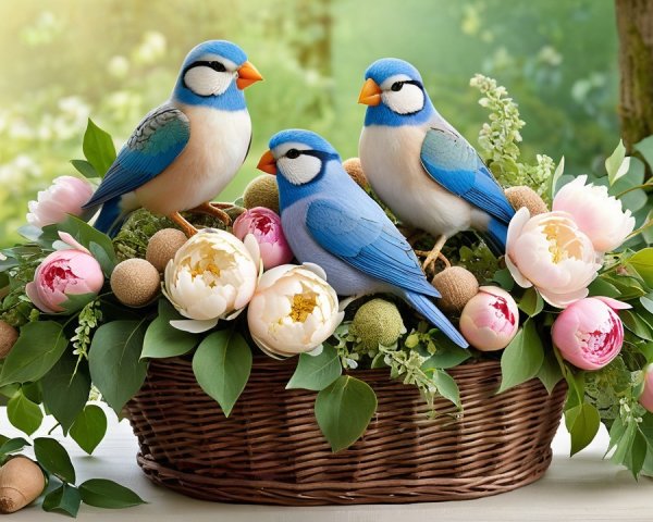 Basket Arrangement with Bluebirds and Pink Peonies