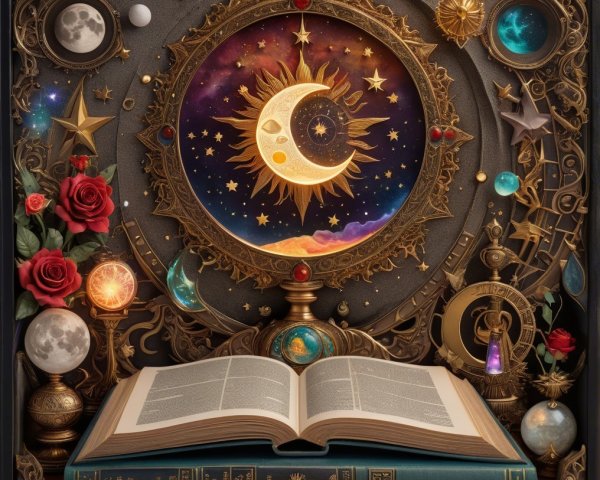 Cosmic-Themed Display with Open Book and Celestial Elements