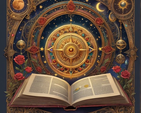 Open Book Against Celestial Background with Compass Rose