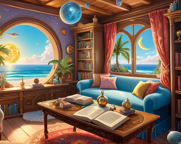 Cozy Room with Ocean View and Vibrant Decor