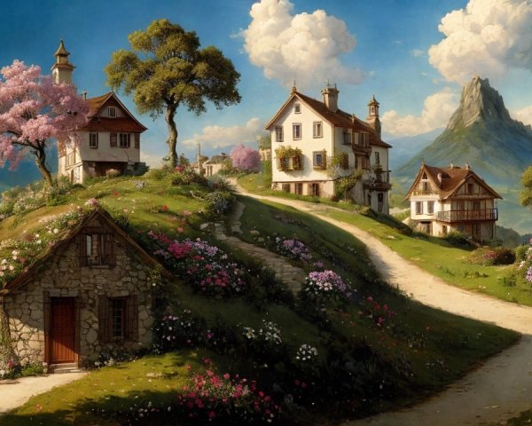 Picturesque Landscape with Houses and Cherry Blossoms