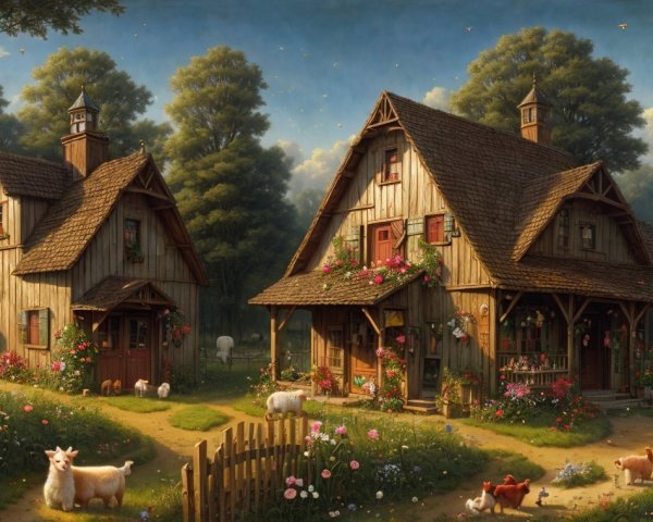 Serene Rural Landscape with Rustic Houses and Animals