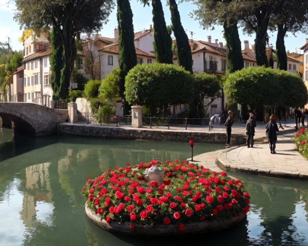 Serene canal with colorful buildings and stone bridge
