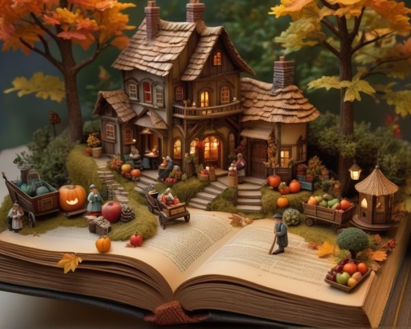 Miniature Village Scene in an Open Storybook